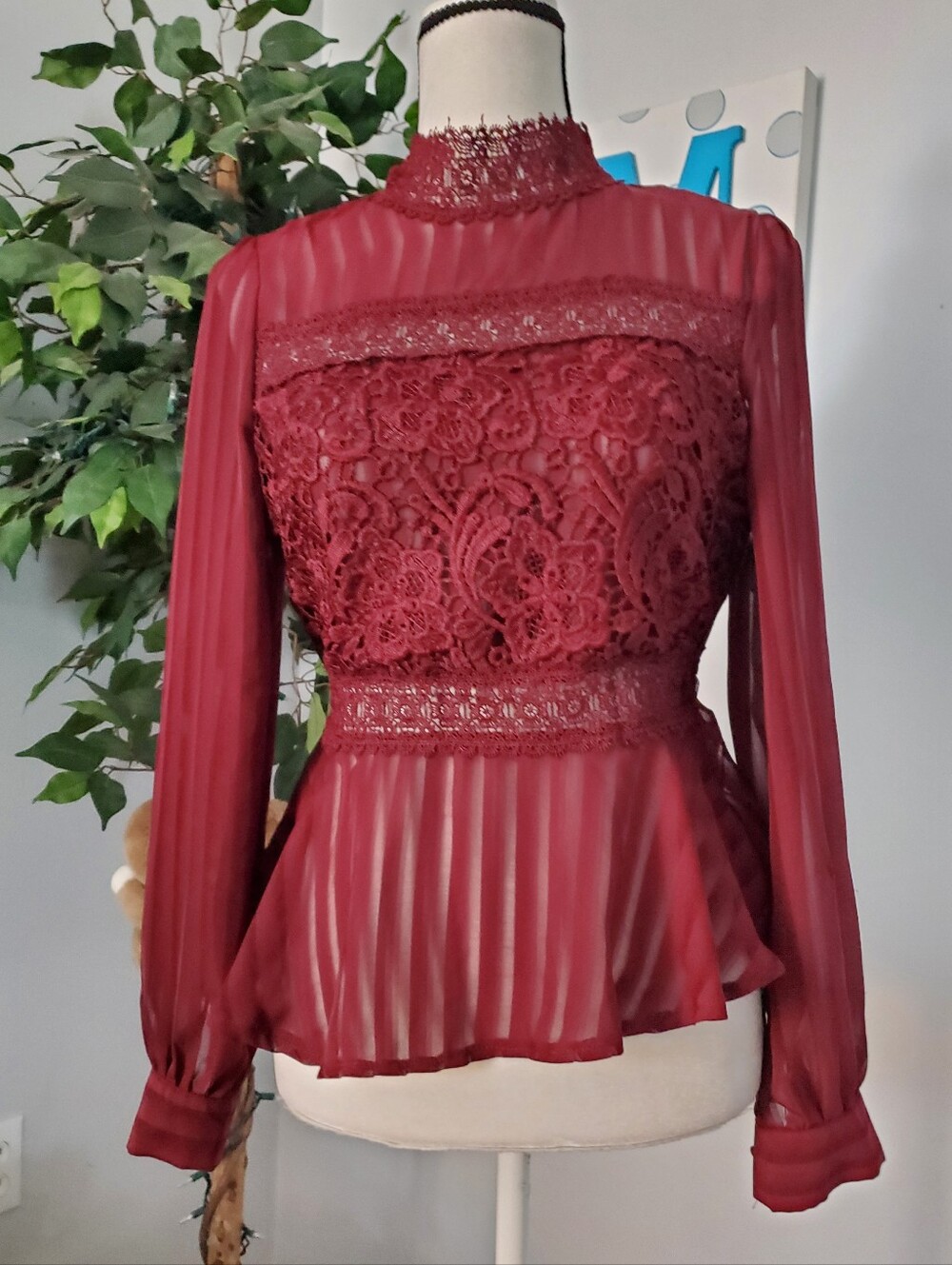 HAUTE MONDE Burgundy Lace Panel Semi Sheer Peplum Blouse S